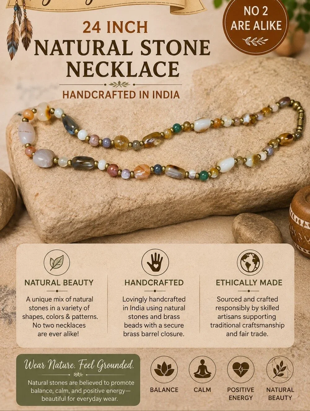 Handcrafted Multicolor Natural Stone Necklace – 24-Inch